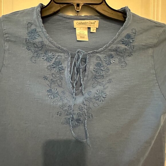 Coldwater Creek Blue Embroidered Cotton Short Sleeve Tie Neck Top S - Picture 4 of 7